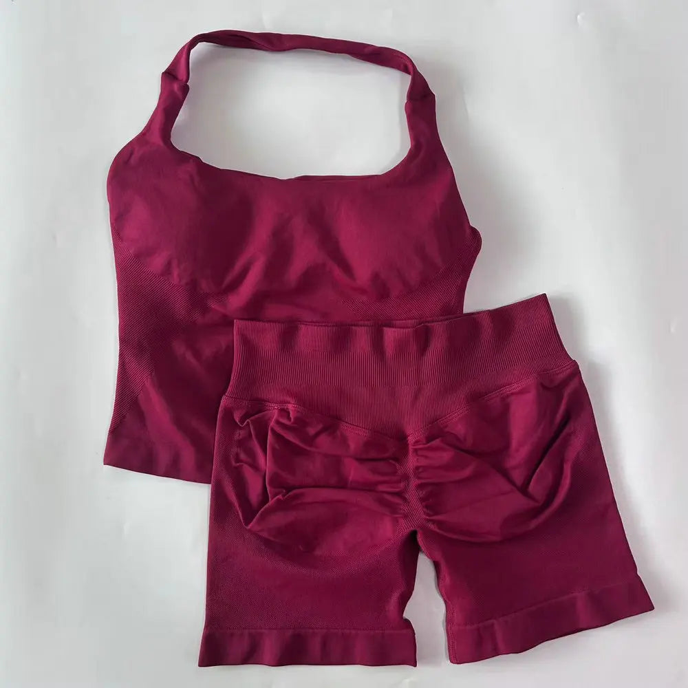 No Logo 2-teiliges Sportset Damen Rückenloses Tanktop Hohe Taille Scrunch Nahtlose Shorts Gym Set Sportbekleidung Workout Set Yoga