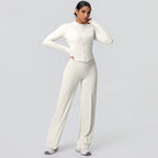 2-teiliges schnelltrocknendes Sport-Fitness-Bekleidung Yoga-Set Damen Yoga Reißverschluss Langarm High Waisted atmungsaktive weite Hose Set