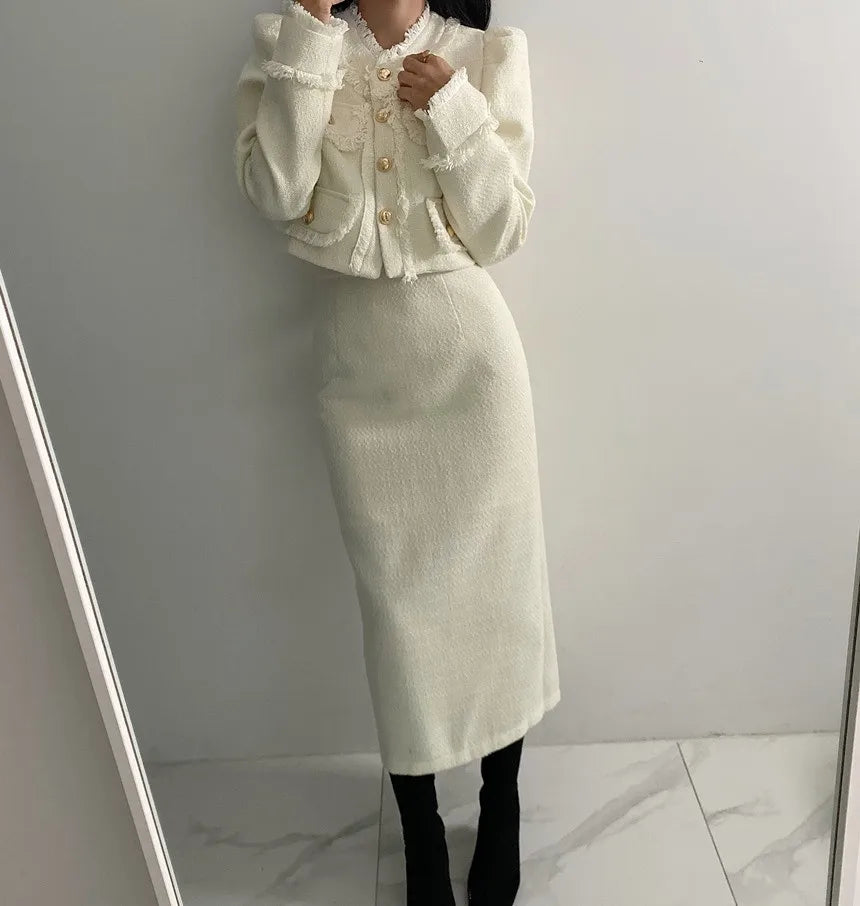 Beige Tweed Jacke + High Waisted Röcke Damen Winter Goldener Knopf 2-Teiler Woll Luxus Vintage Röcke Sets Herbst