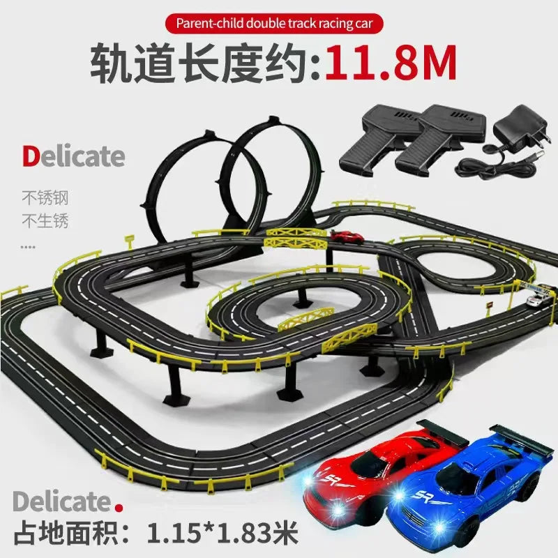 Elektrische ferngesteuerte Slot-Car-Rennbahn, groß, 2 Spieler, wettbewerbsfähig, Dual-Modus, ferngesteuert, einstellbar, Spleißen, Kinder-Erwachsenen-Geschenkset