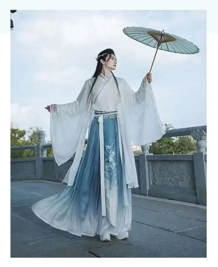 Originelles Chinesisches Blumenwolken Hanfu Kleid Herren Damen Traditionelles Weijin-Perioden Farbverlauf Kostüm Nischen Fee Cosplay Kleidung