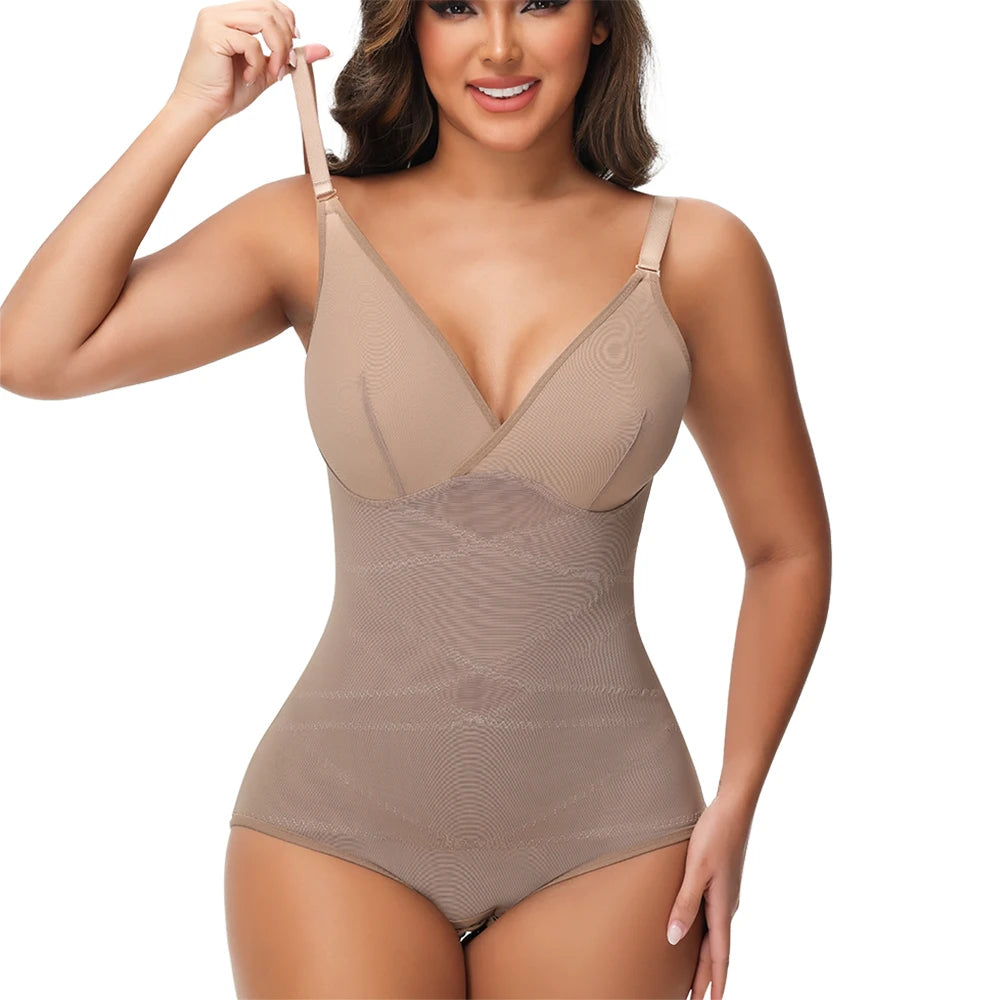 Cross Waist Tummy Control Body Shaping Bodysuit für Damen Ganzkörperkontrolle V-Ausschnitt Mesh Atmungsaktiver Slip Unterwäsche Po-Former