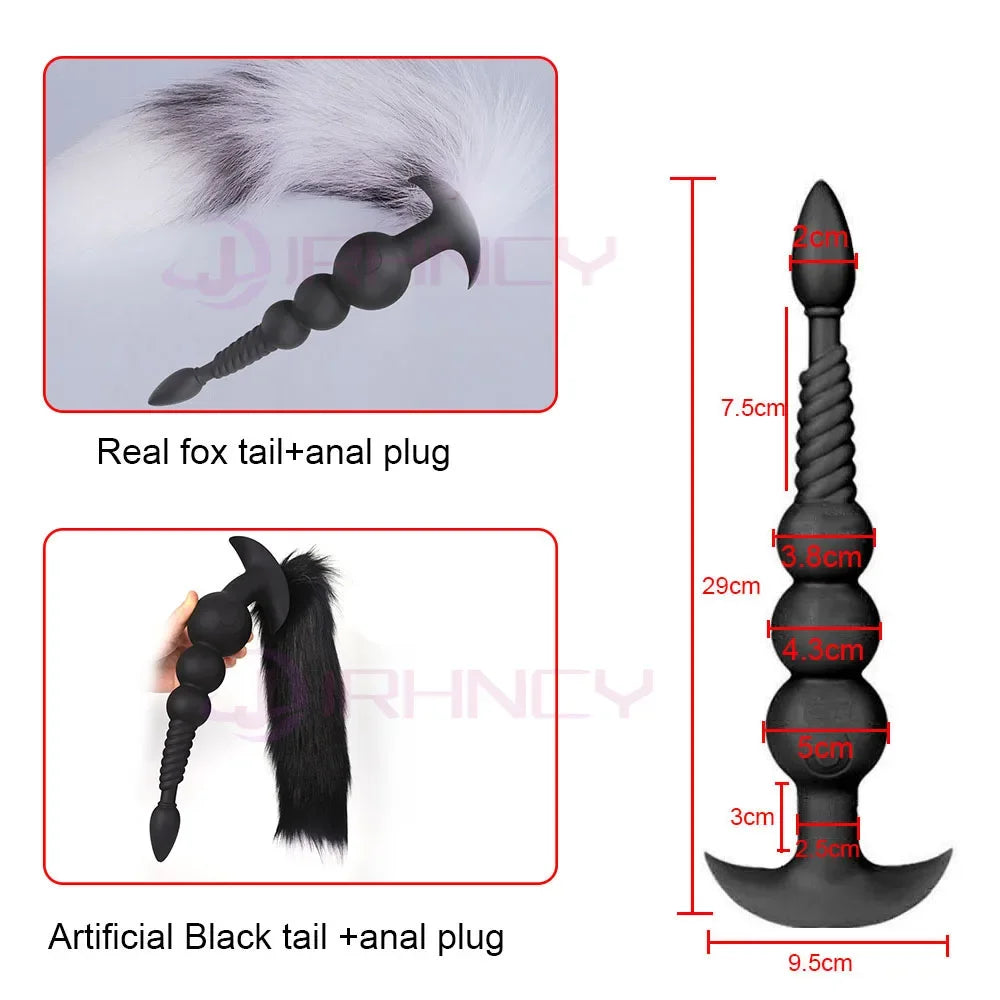 3-10cm Großer Analsex Plug mit Schwanz Sexspielzeug für Erwachsene Spiele Paare DIY Cosplay Großer Butt Plug Silikon Weich Lang Anal Beads Frauen