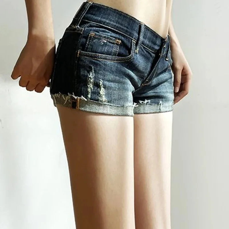 Sommer Neue Damen Koreanische Jeans-Shorts Hose Damen Niedrige Taille Elastische Slim Fit Hotpants Weibliche Sexy Dunkelblaue Hüftwickel-Jeans