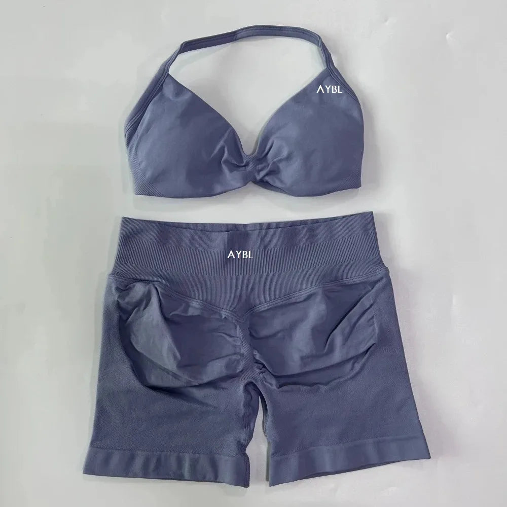 AYBL 2-teiliges Yoga-Set Gym-Set Damen Träger-Yoga-BH Top Hohe Taille Workout Scrunch Shorts Sportanzug Nahtloses Yoga-Set Fitness