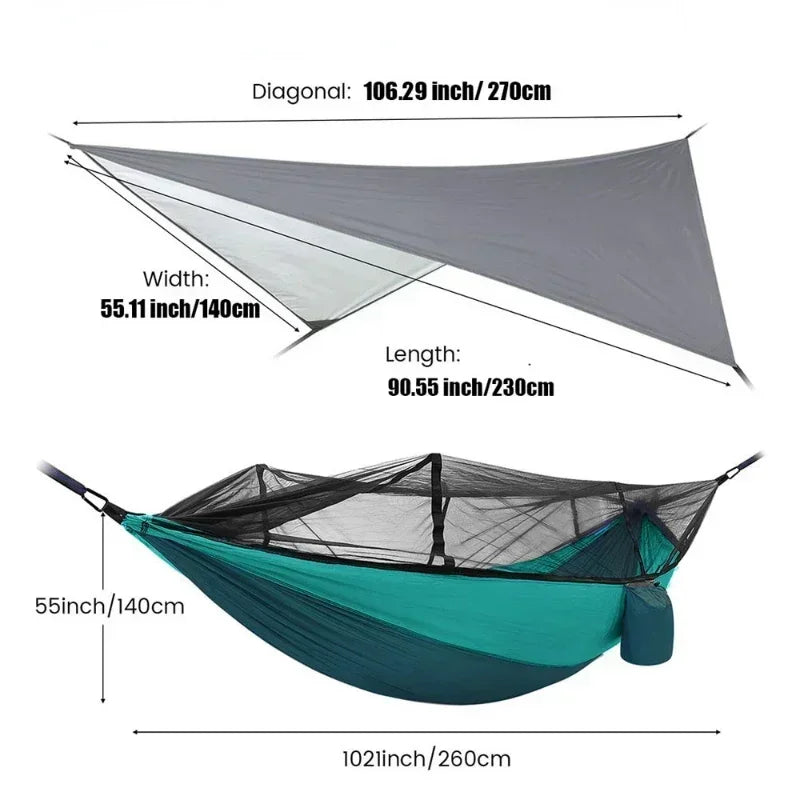 260x140cm Camping Hängematte Doppelgröße Fallschirm mit Moskitonetz Regenschutz Tarp Leicht für Wandern Reisen