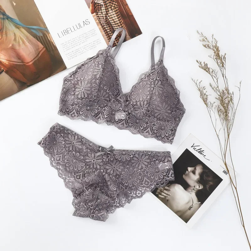Damen Push-up BH Set Sexy Dessous Geblümte Spitze Kabelloser Bralette Niedriger Bund Höschen Sexy Slips Damen Unterwäsche Intimates