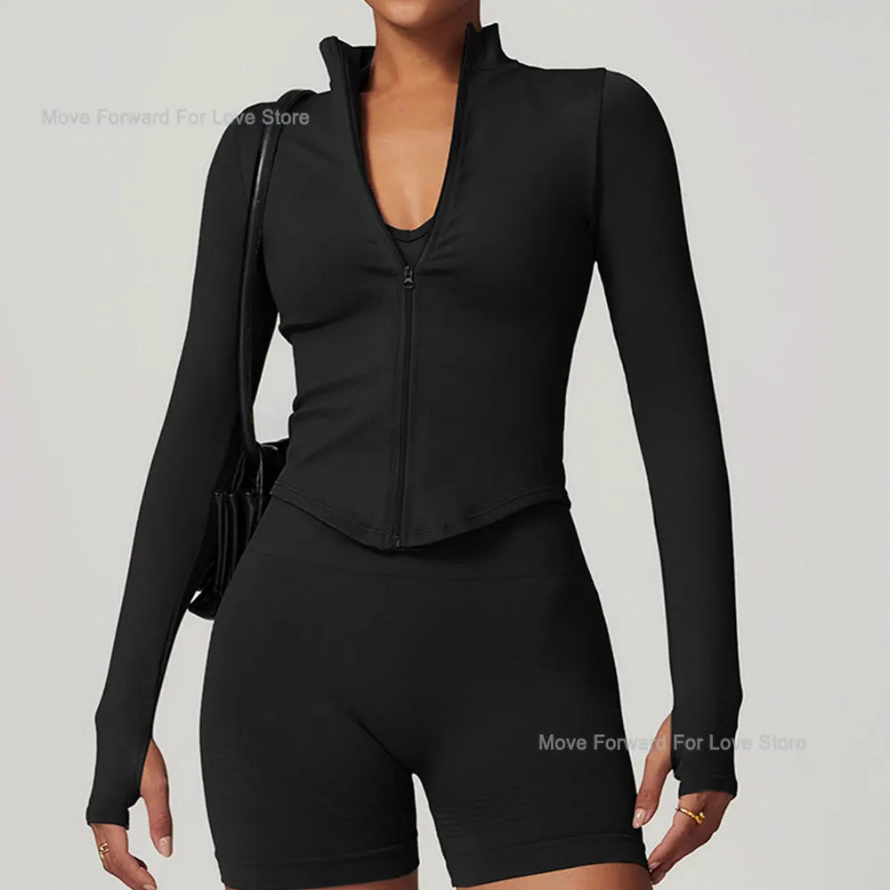 Women's Zipper Crop Sports Jacket Long Sleeve Yoga T-Shirt Solid Quick Dry Fitness Top Gym Running Workout Sportswear