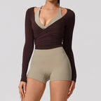 Neue Sommer Damen Yoga Langarm Einteiler Träger Yoga Kleidung Weibliches Training Premium Ballett WickeloberteileFrauen Fitness Sport Top