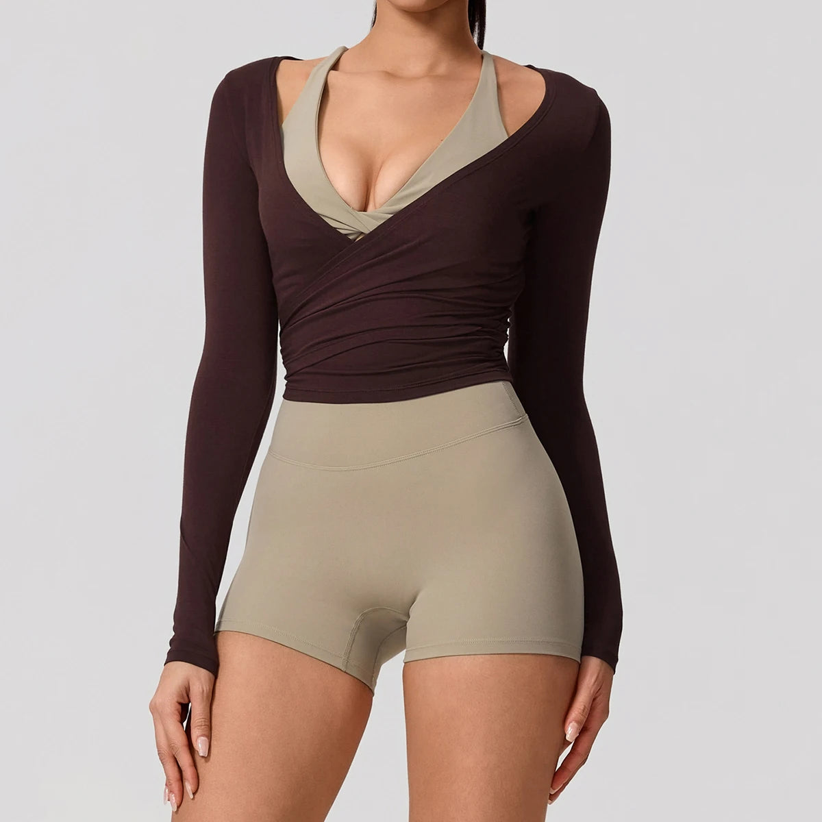 Neue Sommer Damen Yoga Langarm Einteiler Träger Yoga Kleidung Weibliches Training Premium Ballett WickeloberteileFrauen Fitness Sport Top