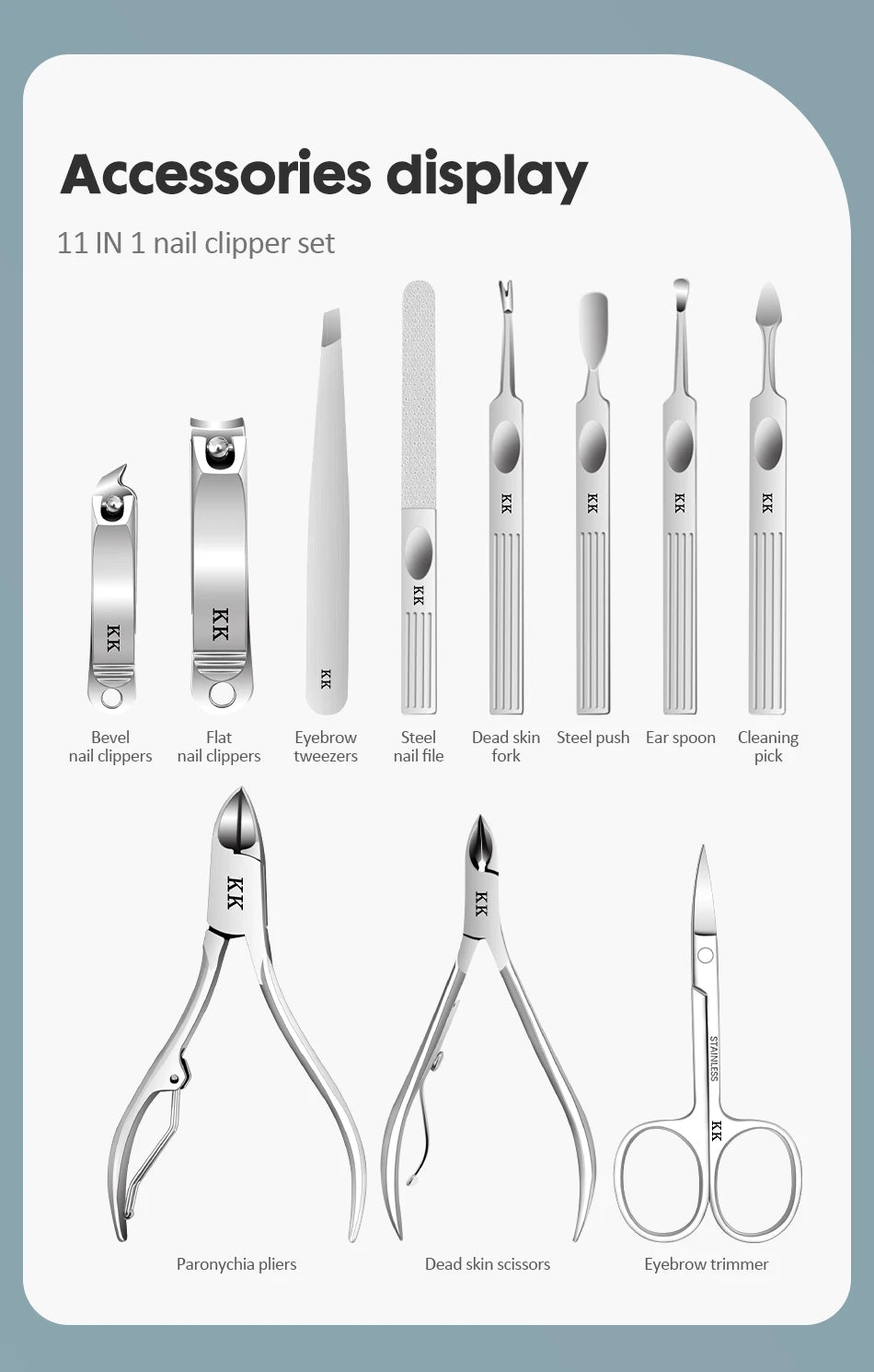 KK 11-in-1 Maniküre-Tools Professionelles Nagelknipser-Set Edelstahl Nagelschneider Zangen Scheren Kit Fußpflege Handpflege