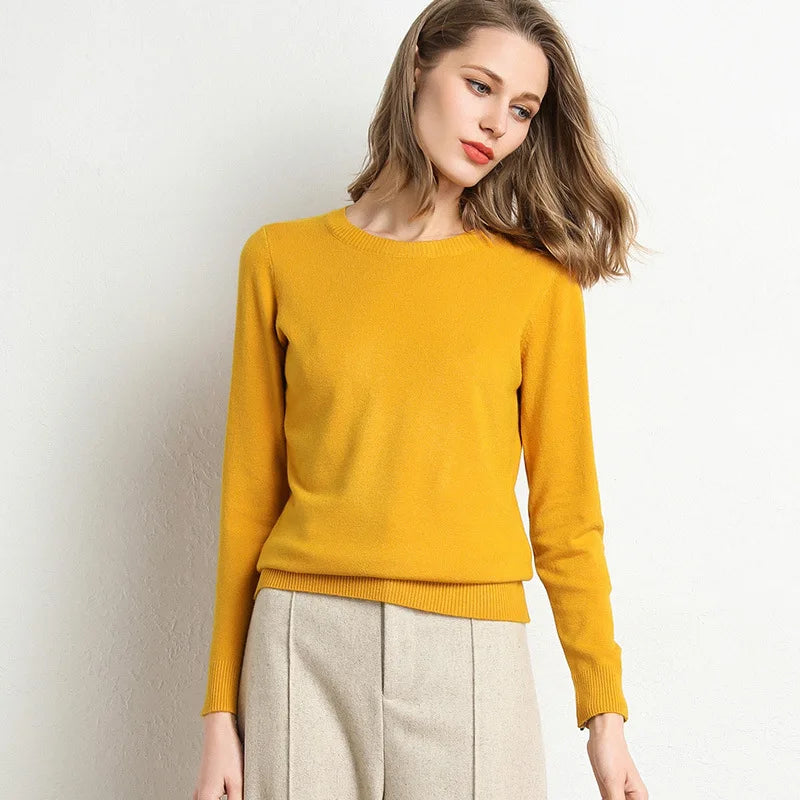 Damen Slim O-Neck Pullover Kaschmir-Wollmischung Pullover Herbst Und Winter Langarm Strick Unterhemd Große Größe 2024