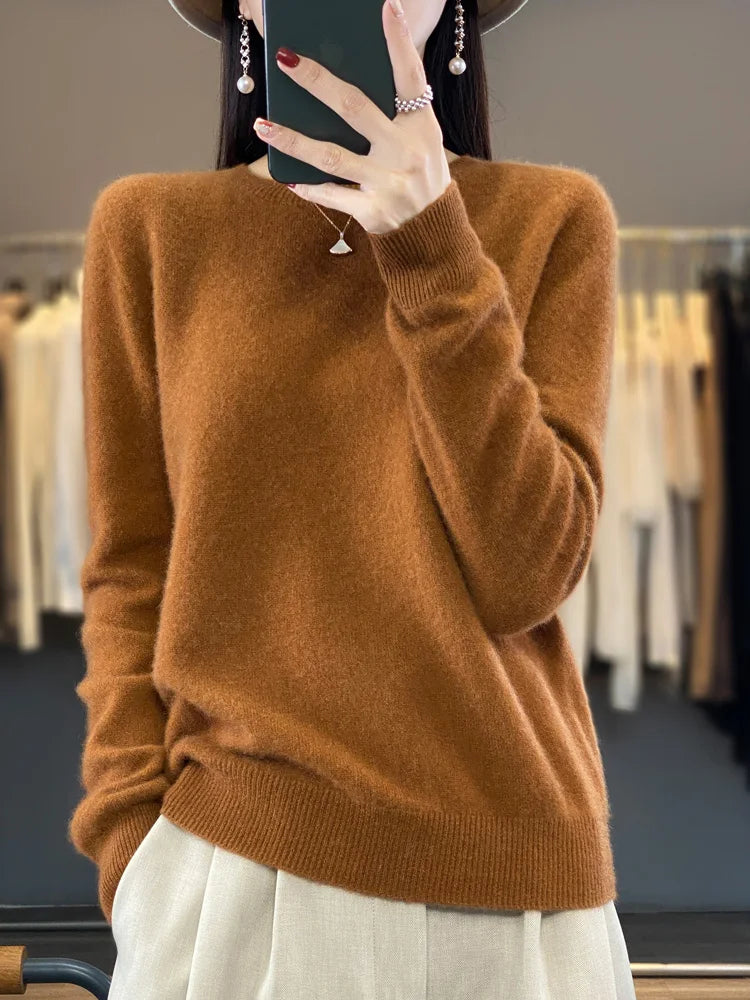 100 % Merinowolle Pullover Damen O-Ausschnitt Kaschmir Strickwaren Female Pullover Herbst Winter Freizeit Oberteile Einfarbig Weiche Kleidung