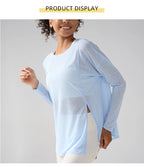 Mode Damen Atmungsaktive Lockere Schnelltrocknende Langarm Yoga Shirts Schlankmachende Seitenschlitze Freizeit Laufen Fitness Radfahren Oberteile