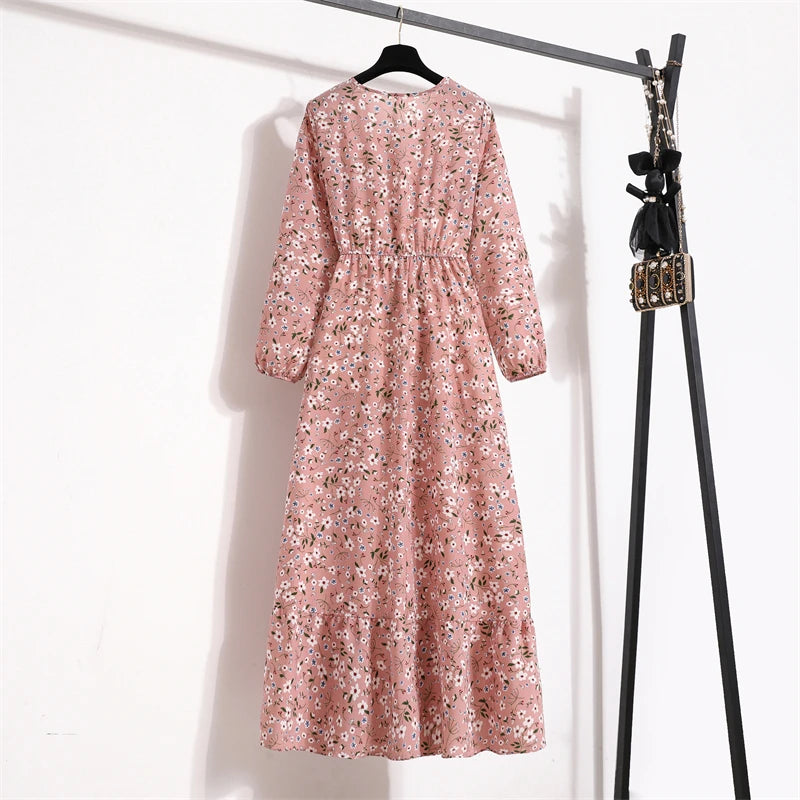 Frühling Sommer Damen Maxikleider Casual Langarm Geblümt O-Ausschnitt Damen Boho Strandparty Langes Kleid Mujer Vestidos