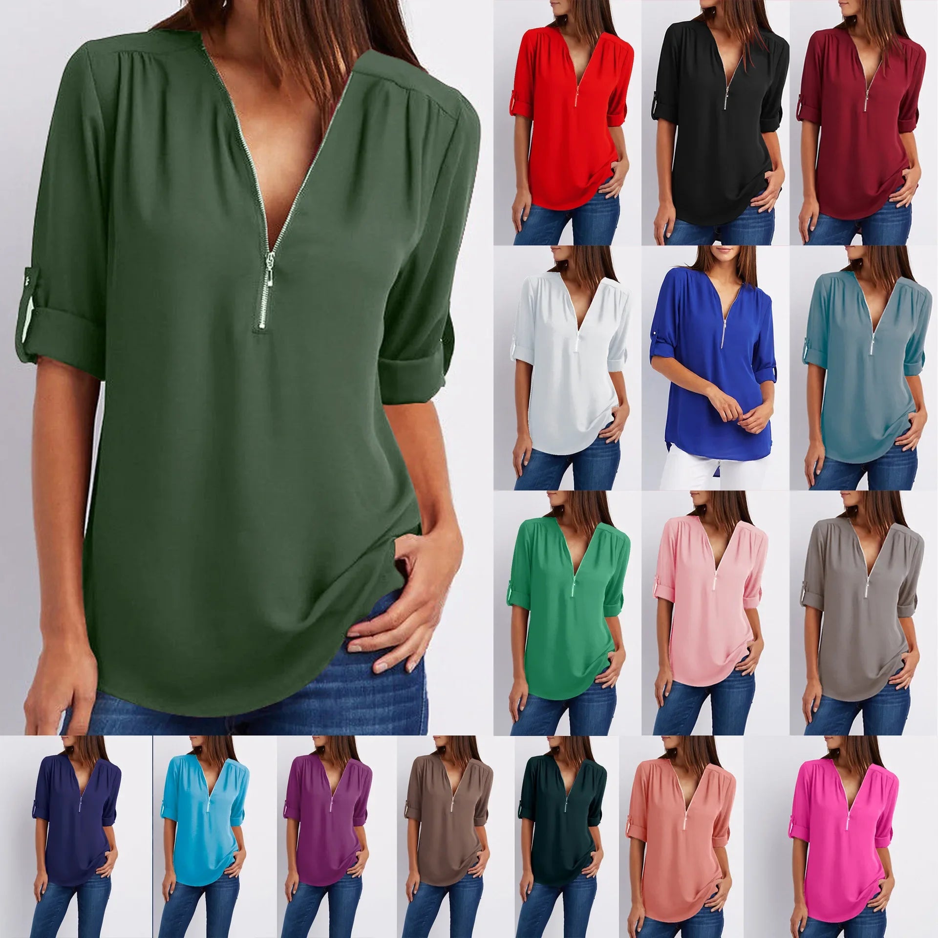 2024 Qualität Heißer Verkauf Plus Size Tiefer V-Ausschnitt Damenbluse Chiffon Coole lockere Hemd Mode Freizeit Damen Tops Sexy Reißverschluss Pullover Hauptbild
