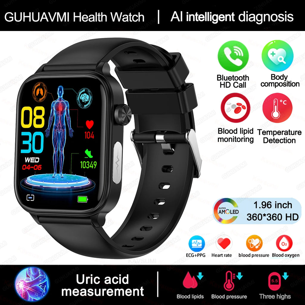 2025 Neue KI-Diagnose Blutfette Harnsäure Körperzusammensetzung Test Smartwatch für Herren EKG+PPG Bluetooth Anruf Gesundheits-Smartwatch