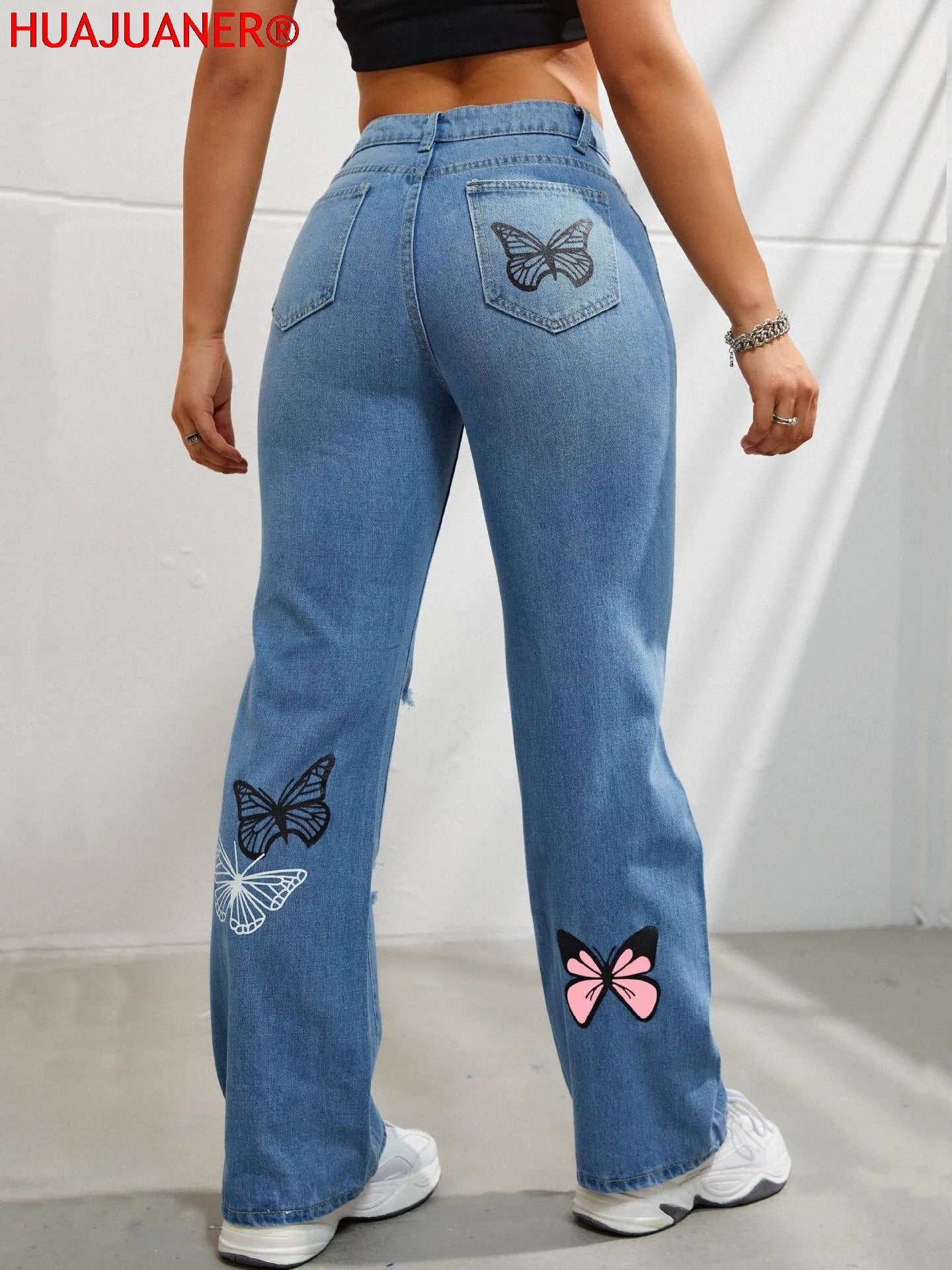 Schmetterlingsdruck Jeanshosen Damen Löcher Jeans Straight Fit Hose Hohe Taille Loose Fit Vintage 2026 Casual Distressed Denims