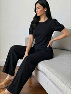 HH Damen Elegantes Beiges Set, Rundhals-T-Shirt, Einfarbiges Puffärmel-Oberteil, Lässige Weite Hosen, High Street Chic Outfit