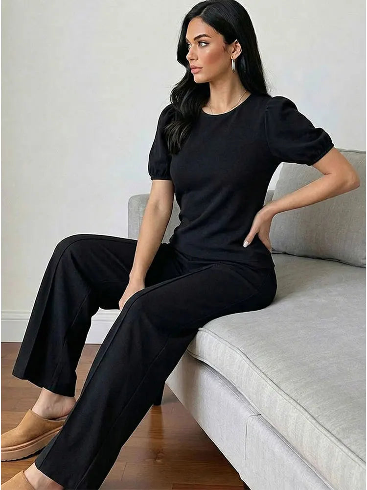 HH Damen Elegantes Beiges Set, Rundhals-T-Shirt, Einfarbiges Puffärmel-Oberteil, Lässige Weite Hosen, High Street Chic Outfit