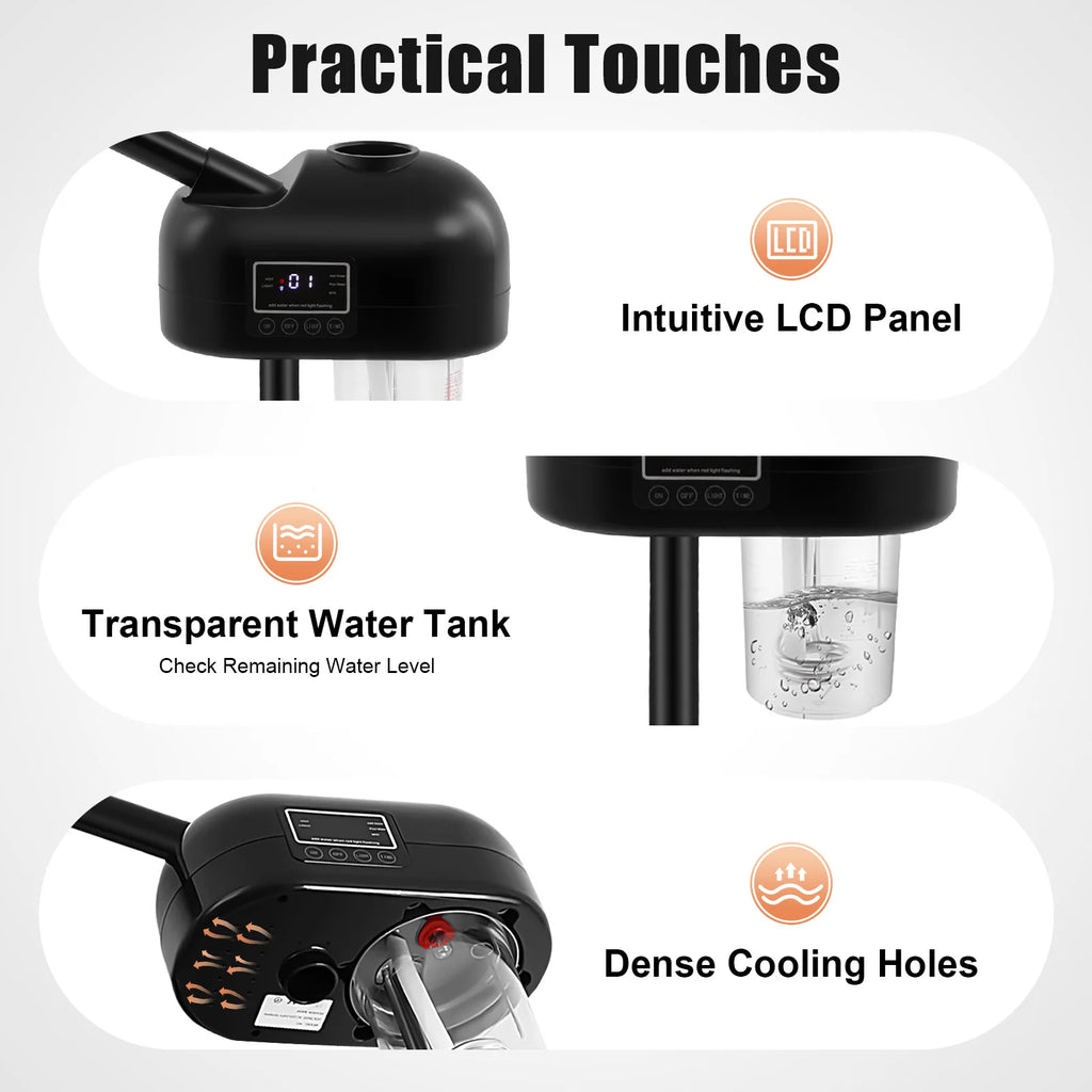 Black Professional Face Steamer Nano-Ion Ozone Hot Mist with LCD Screen Adjustable Height for Salon Home Spa Aging Reduction