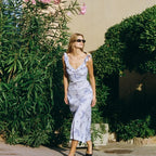 Kryptografischer Sommer Blumenmuster Plunge Maxikleid Outfits Sexy rückenfreie Feen Sonnenkleider Urlaub Strandmode Vestido Coquette