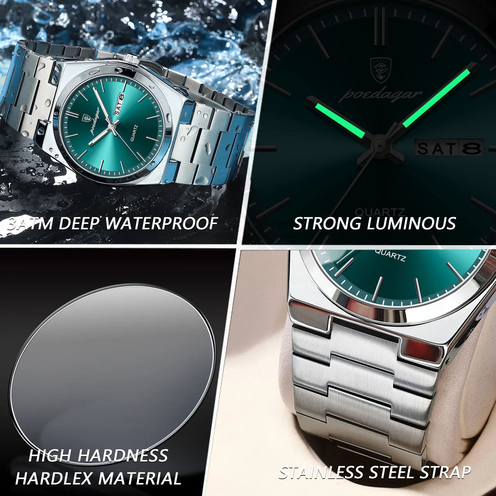 POEDAGAR Luxus Herrenuhren Wasserdicht Leuchtende Datumsanzeige Wochentag Herrenuhr Edelstahl Casual Mode Quarz Herren Armbanduhr Reloj