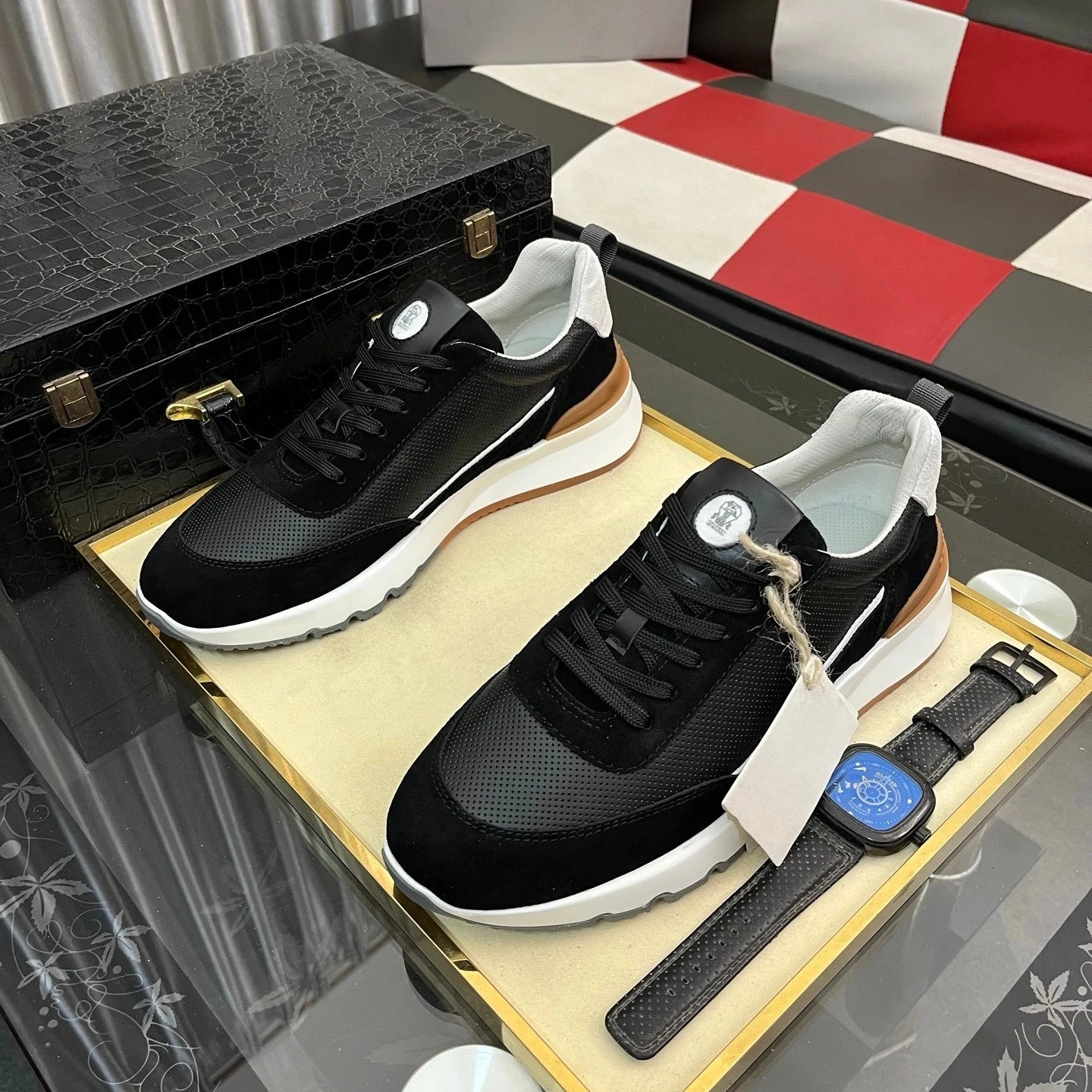 Luxusmarke Herrenschuhe Handgemachte Freizeit-Sneaker Jacquard-Nylon-Gewebe mit Wildleder Wander- und Radschuhe Laufschuhe Weihnachtsgeschenke