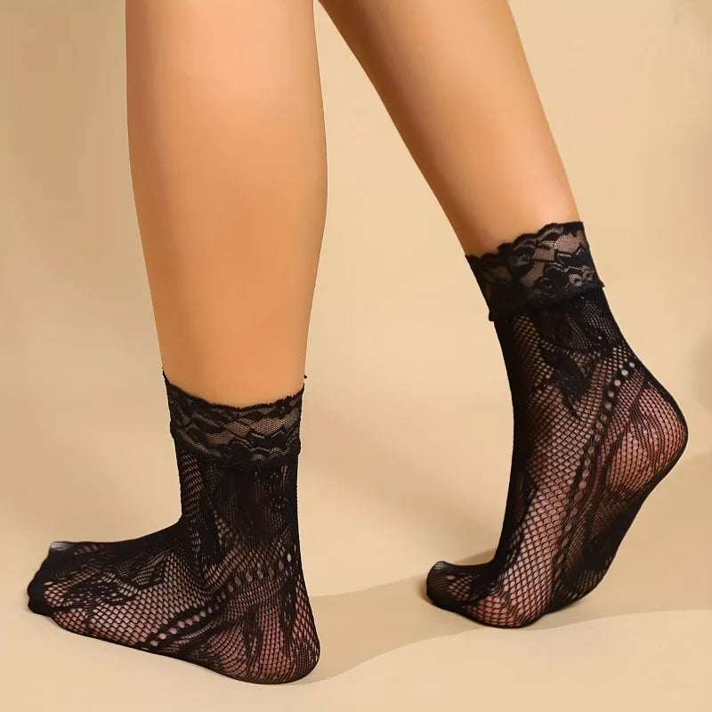 5 Paar Blumen-Spitzensocken Dünne Atmungsaktive Kurze Socken Sommer Netz Lolita Fischernetz Damenstrümpfe Strumpfwaren