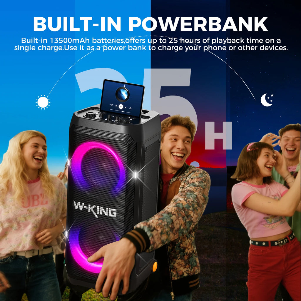 W-KING T12 Portable Bluetooth Speaker Box with 370W MAX Pro Sound, Light Show, CSB, Bass Boost, Wheels and Telescopic Handle