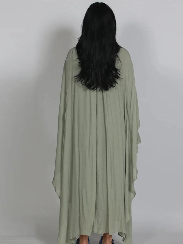 Maxikleid Damenkleider Fledermausärmel Beige Rüschen Bindekragen Plissiert Oversized Damenbekleidung Freizeitkleidung Sommer-Outfit