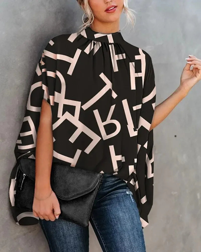 Lässige weite Damenbluse Mode Fledermausärmel Print Rundhals Shirts Top Frühling Sommer Büro Damen Blusen Elegante Oberteile 2024