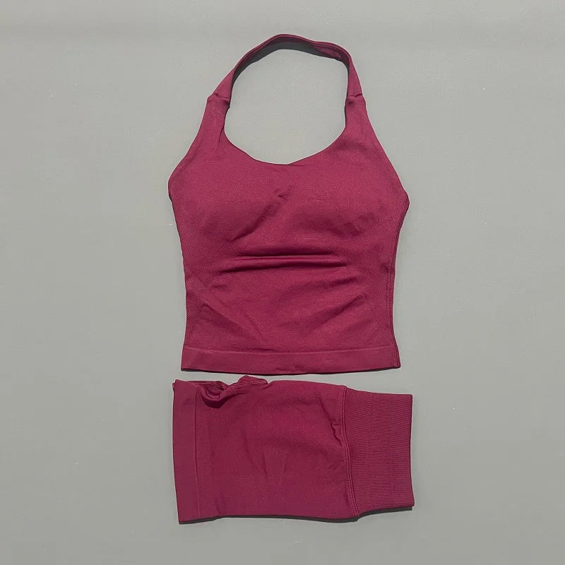 2-teiliges Sportset Damen Rückenloses Tanktop Hohe Taille Scrunch Nahtlose Shorts Fitnesskleidung Activewear Trainingssets Gym Anzug