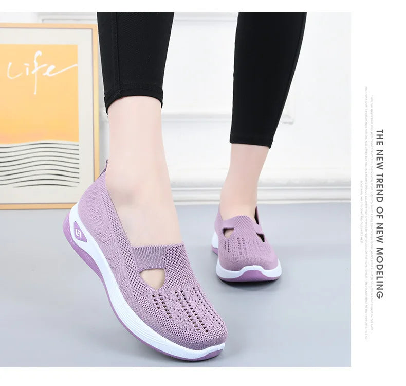Damen Neue Sommerschuhe Mesh Atmungsaktive Sneaker Leichte Slip-on Plateau Freizeitschuhe Damen Rutschfeste Gehschuhe Gewebte Schuhe