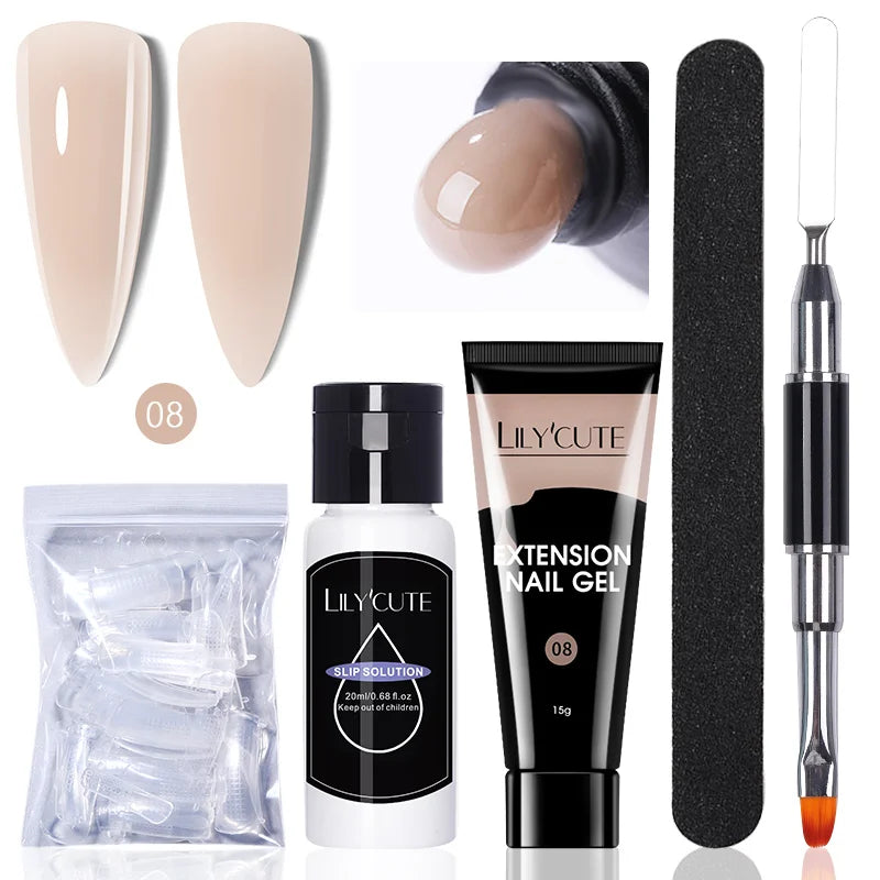 LILYCUTE 15ml Verlängerungsgel-Nagellack-Set Quick Nail Prolong mit Verlängerungsform-Nagelspitzen Acryl-Lösung Maniküre-Werkzeug-Kit