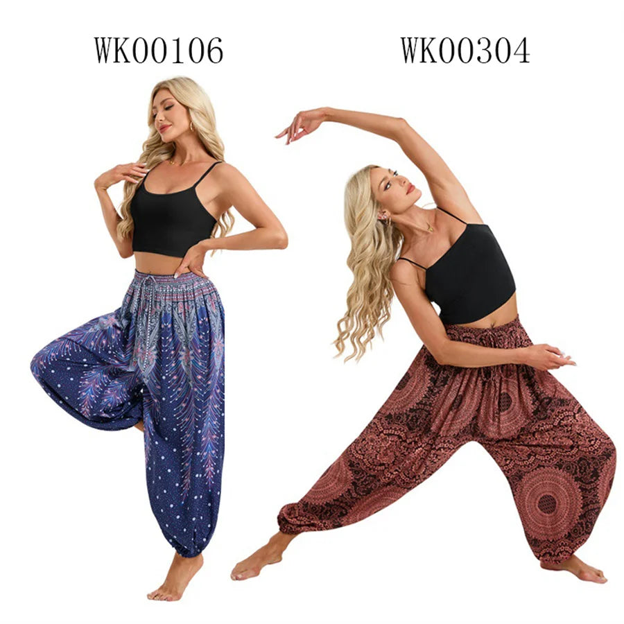 Damen Boho Weite Hosen Haremshose Erwachsene Hohe Taille Yoga Loose Laternenhose Atmungsaktive Strandhose Urlaub Bedruckte Jogger