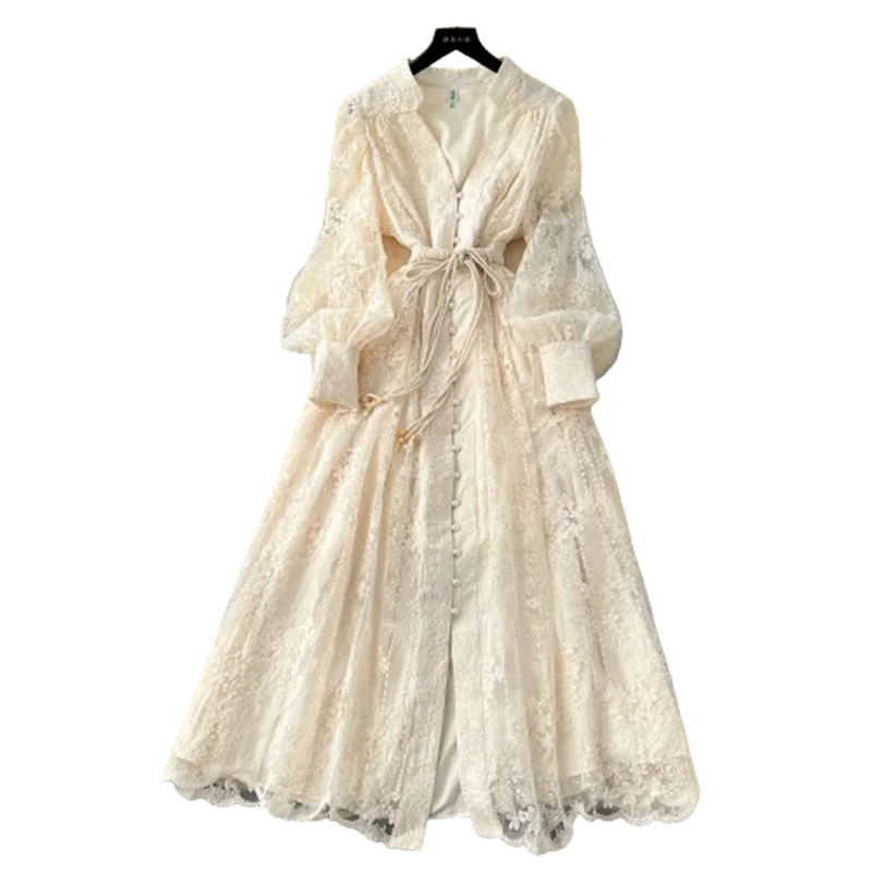 Frühlings-Herbst Französisches High-End Damenkleid Neue Spitze Stickerei V-Ausschnitt Laternenärmel Einreiher Party Geburtstagskleid C192