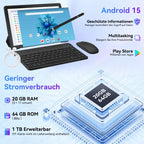 URAO Android 15 Tablet 10,1 Zoll 20GB RAM 64GB ROM 5-Kern Dual Kamera Tablets PC Set Tastatur/Hülle/Maus/Stylus/Kopfhörer