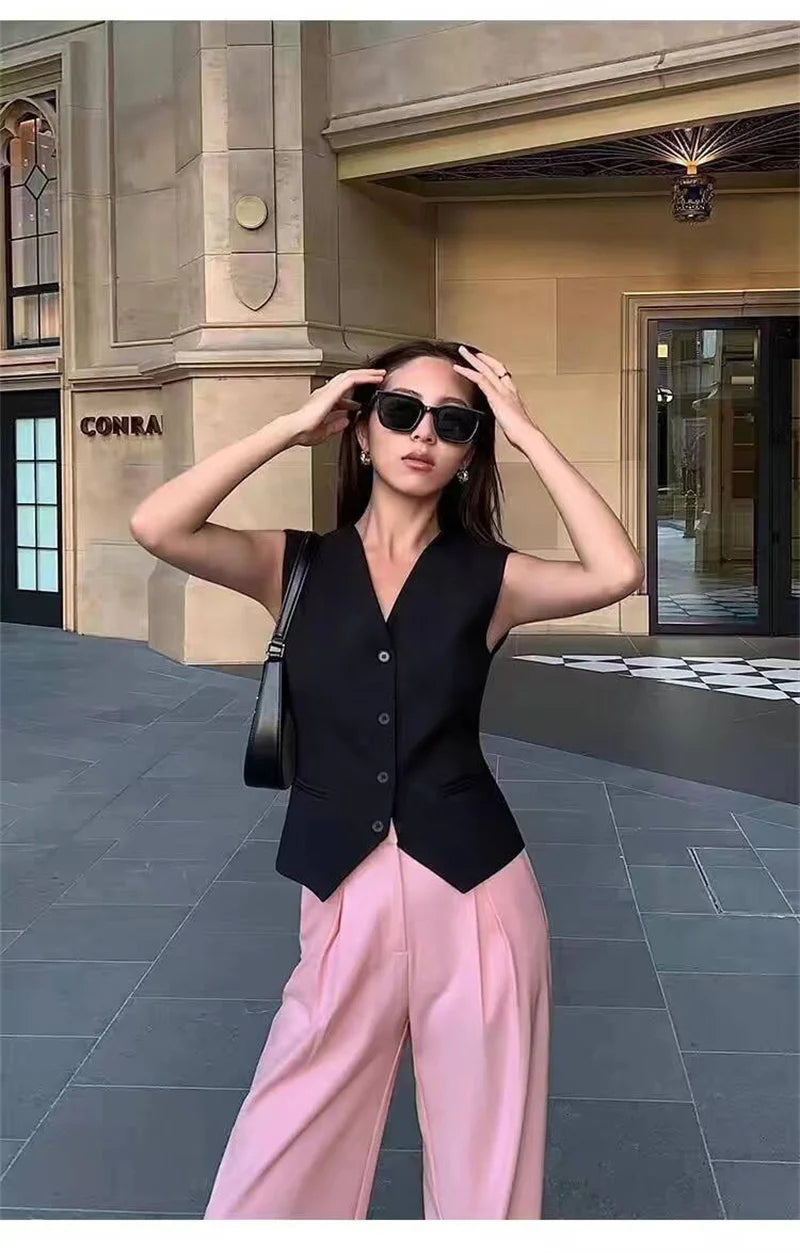 Frühling Sommer Koreanische Mode Weste 2025 Neue Damen Kurze Mode V-Ausschnitt Ärmellose Freizeit Blazer Weste Mäntel Weibliche Oberteile