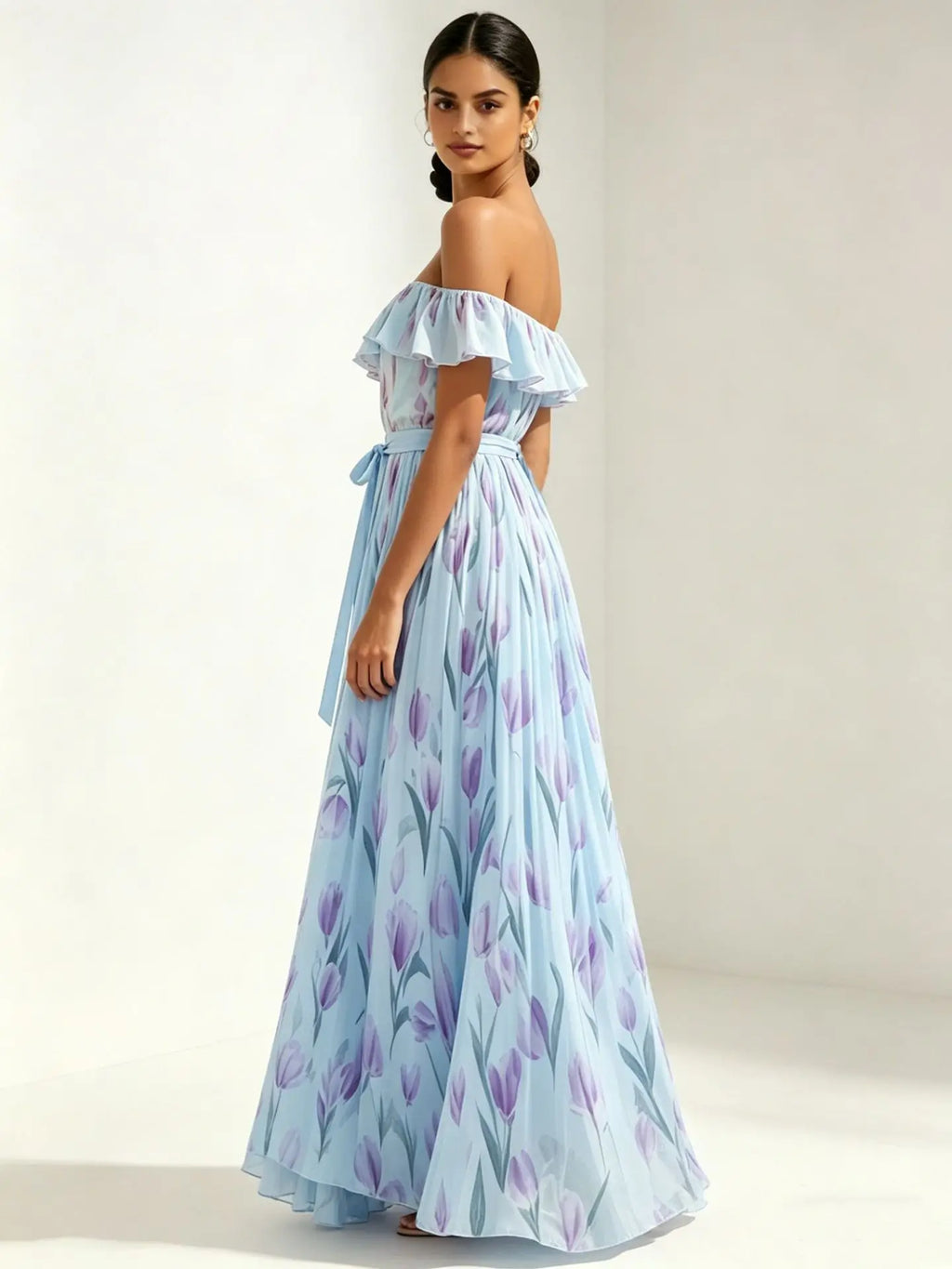 2026 Sommer schulterfreies Kleid mit Tulpenprint in großen Größen, schlankmachend, mit eckigem Ausschnitt und Maxilänge
