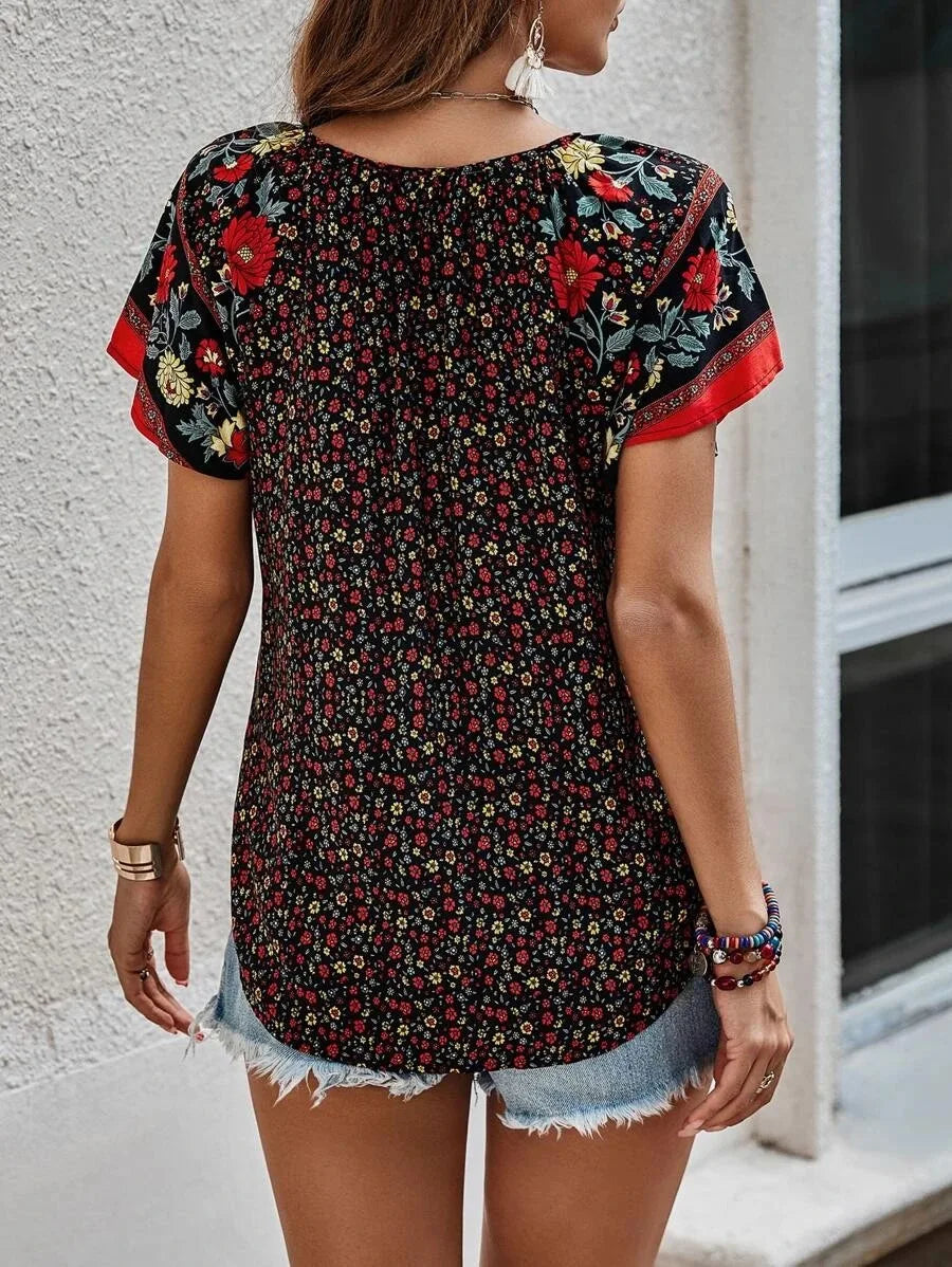 Sommer Blusen mit Blumenmuster für Damen, modische V-Ausschnitt Kurzarm Boho Strand Freizeit-Oberteile, elegante Hemden, Neuheiten Damen