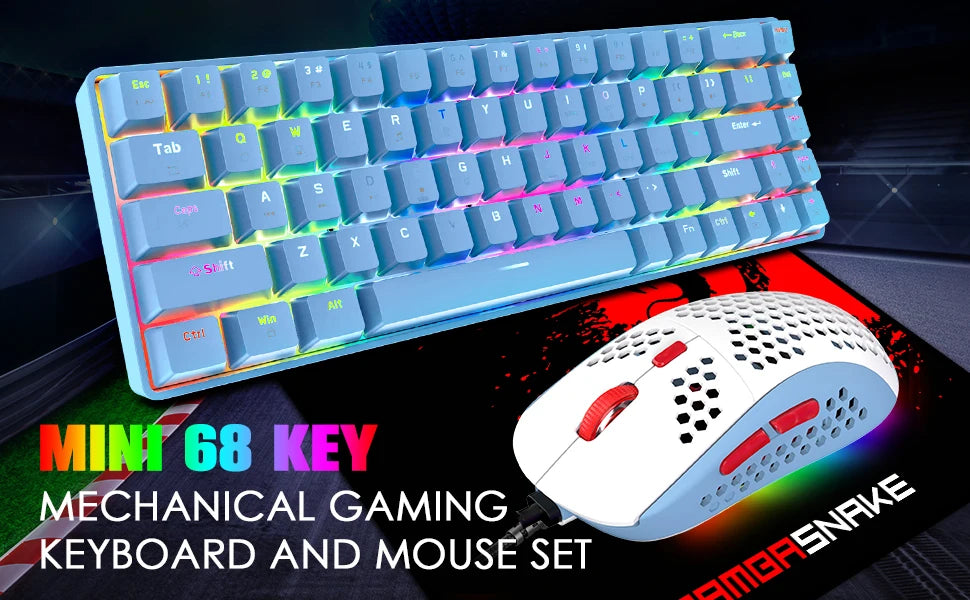 65 % kabelgebundenes mechanisches Gaming-Tastatur- und Maus-Combo, Mini-Tastatur mit 68 Tasten, RGB-Hintergrundbeleuchtung, leichte optische RGB-Wabenmaus