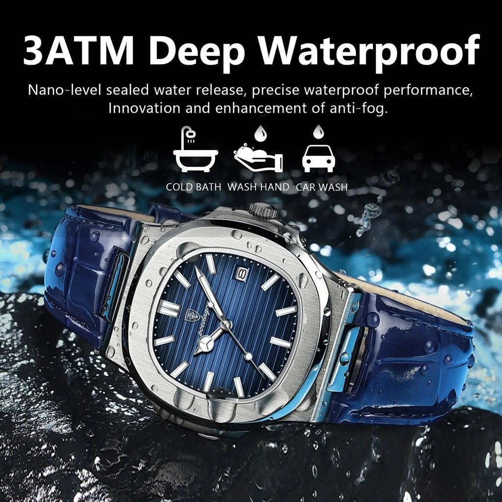 POEDAGAR Top Luxus Quadratische Herrenuhr Datum Wasserdicht Leuchtend Herren Armbanduhr Hochwertige Leder Herren Quarzuhren+Box Reloj