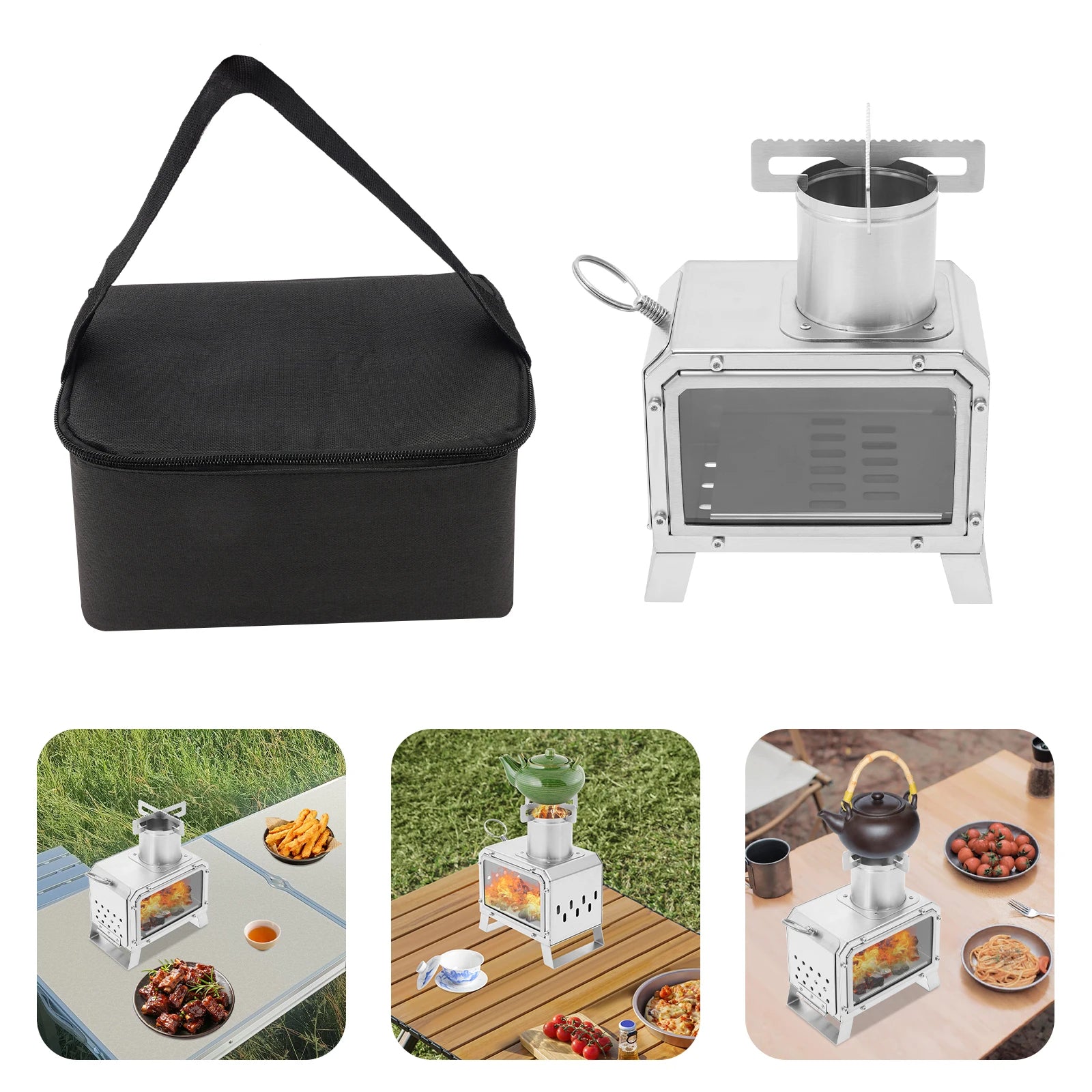 Tragbarer Camping-Holzofen, Mini-Feuerstelle aus Edelstahl für Outdoor-Kochen, Wandern, Grillen, mit Glasfenster und Belüftungsöffnungen