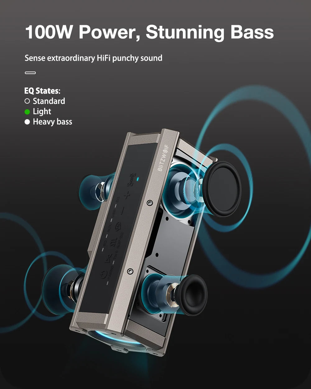 BlitzWolf BW-WA3 100W TWS Bluetooth-Lautsprecher mit vier Treibern, doppelter Membran, tiefem Bass, RGB-Licht, IPX5 Wasserdichtigkeit, 5000mAh Akku