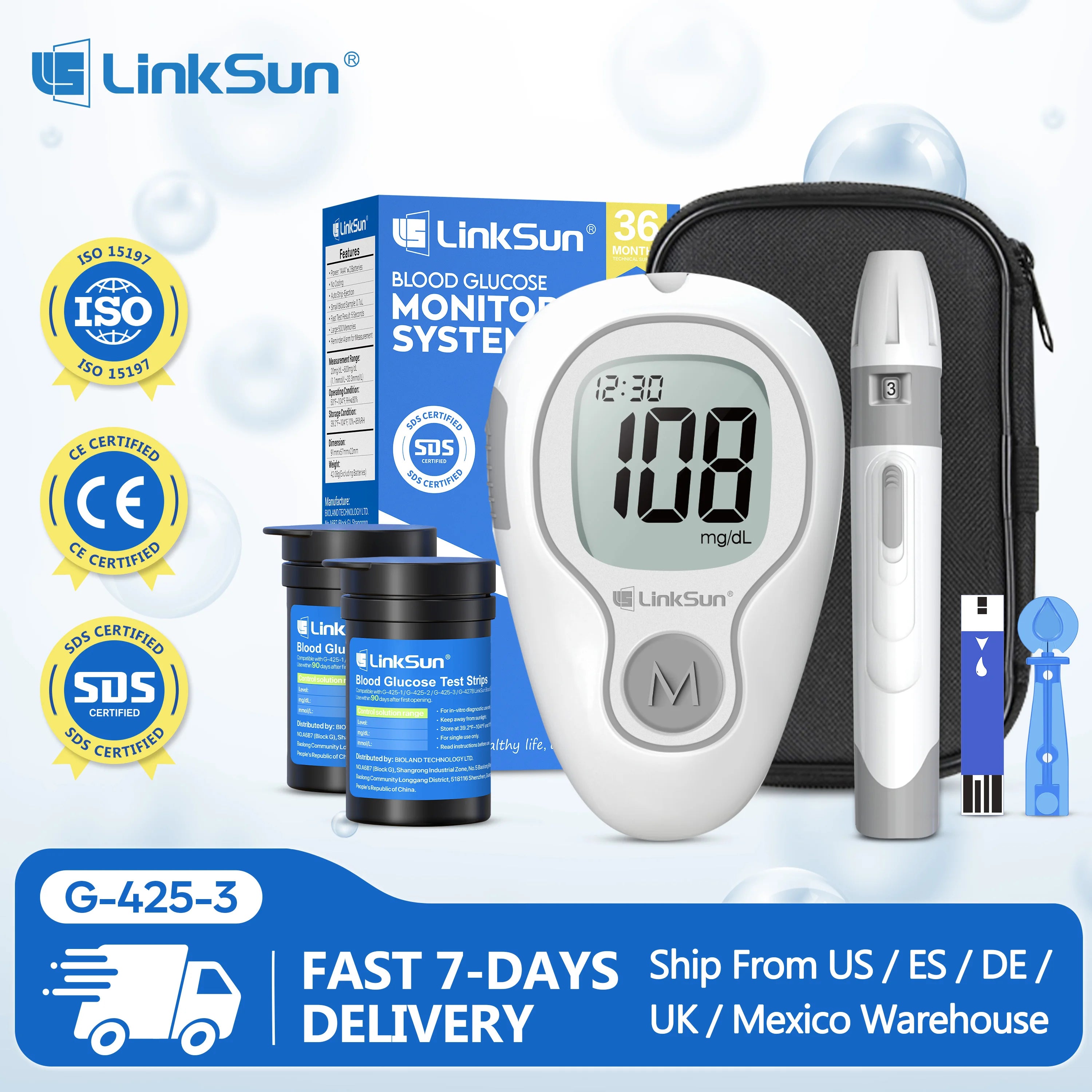 LinkSun Blutzuckermessgerät G-425-3 Glukometer ohne Codierung für Diabetestest 10/50/100 Teststreifen Lanzetten Medizinischer Blutzucker mg/mmol Hauptbild
