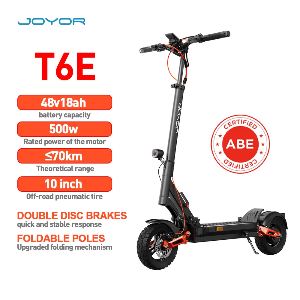 JOYOR T6E Pro ABE Electric Scooter 500W Motor 48V18/26AH 20km/H Range 70km/90km Aluminum alloy body 10” Tires Commute E-Scooter