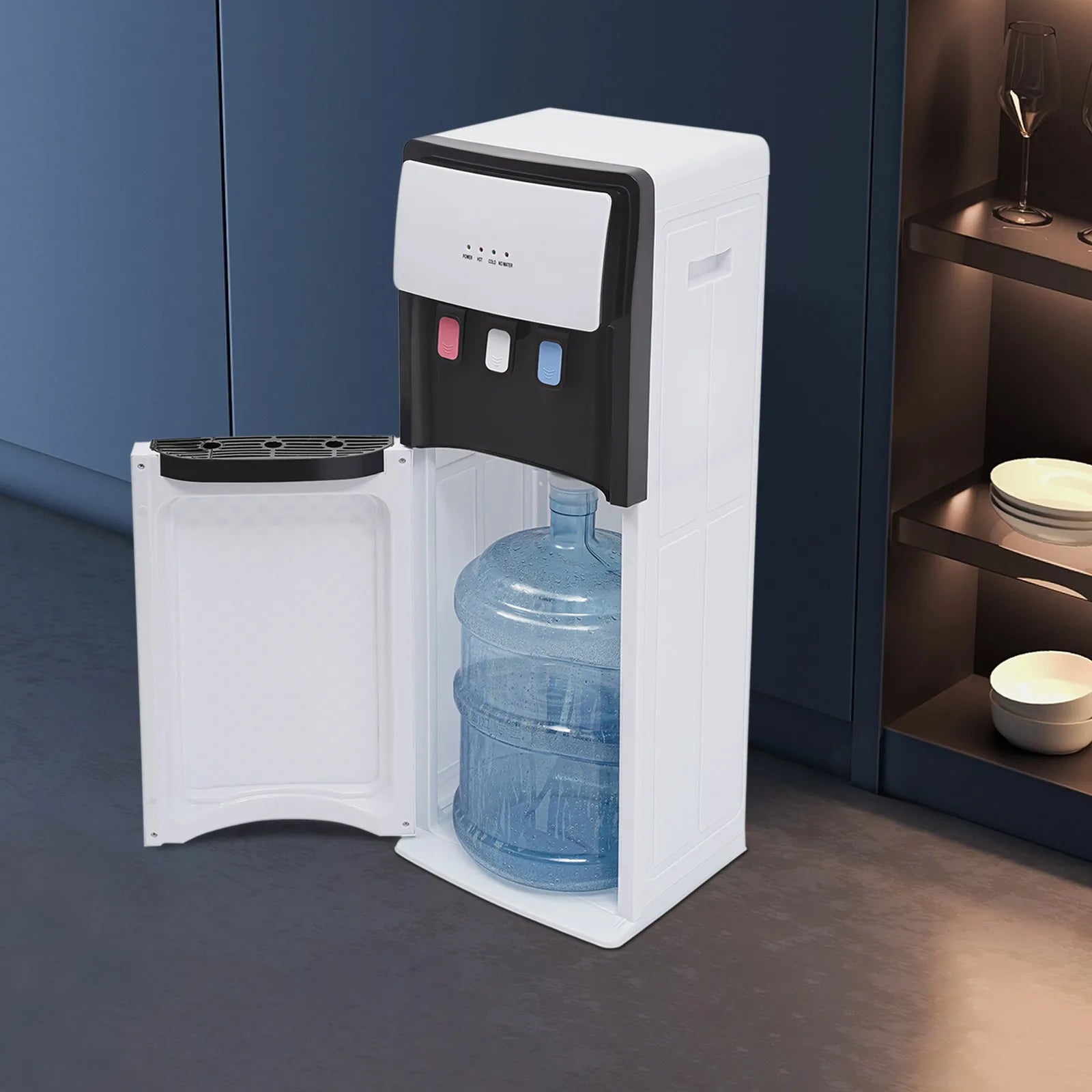Moderner weißer Wasserspender mit Flaschenfach unten, Heiß-/Kaltwasserspender mit Verbrühschutz für Büros, Haushalte, Fitnessstudios
