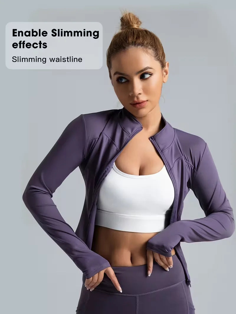 Damen Slim Fit Stehkragen Sportjacke Reißverschluss Yoga Jacke Schnelltrocknende schmale Taille Lauf-Trainingsjacke für den Frühling