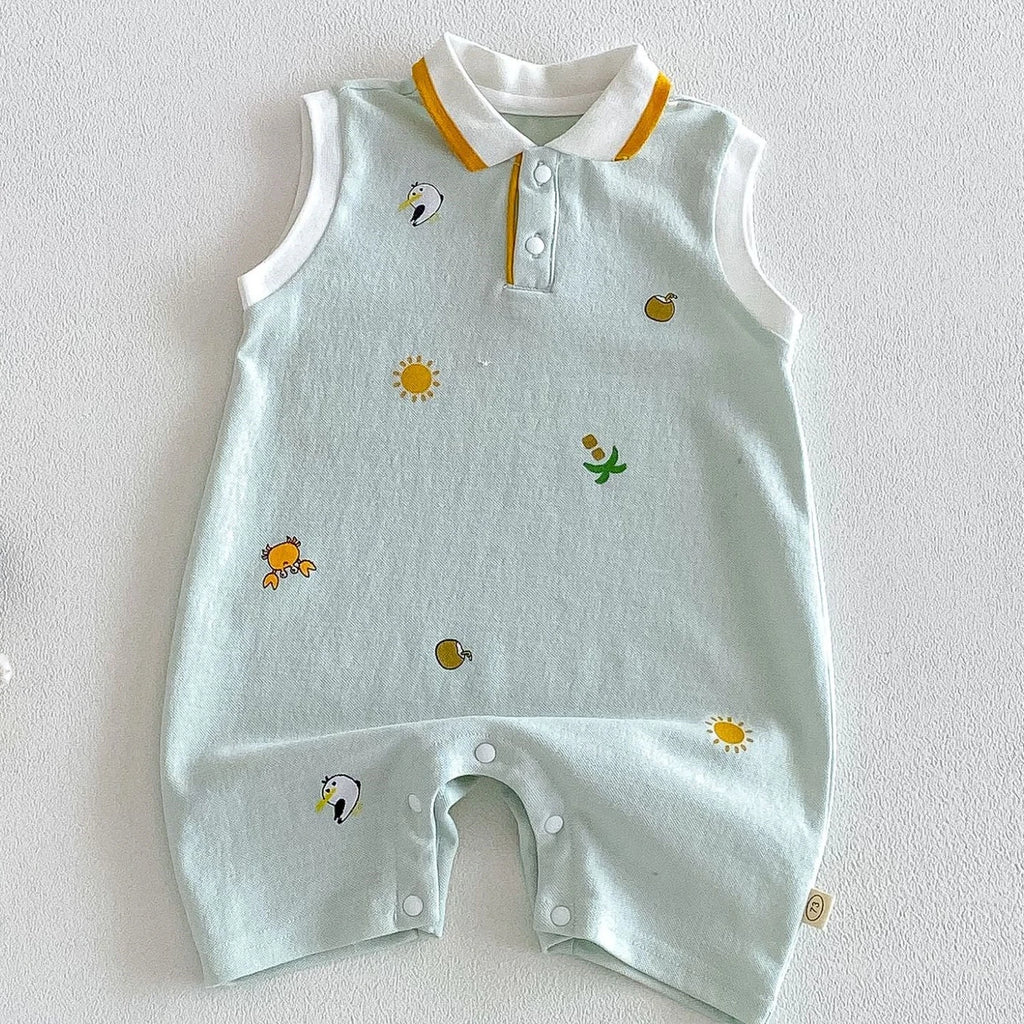 2026 Neue Sommer-Babykleidung 0-2 Jahre Cartoon-Print Ärmelloser Polo-Strampler Atmungsaktives Mesh-Gewebe mit Knopfleiste und Druckknopfverschluss